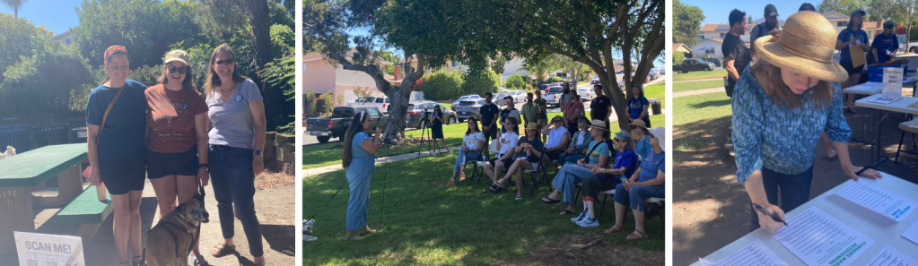 Collage of three photos taken of GUHSD Recall supporters. First photo shows a group of three supporters outside in a park with their dog. Second photo shows a group of people listening to a speaker at a recall event. Third photo shows a recall supporter signing a volunteer form.